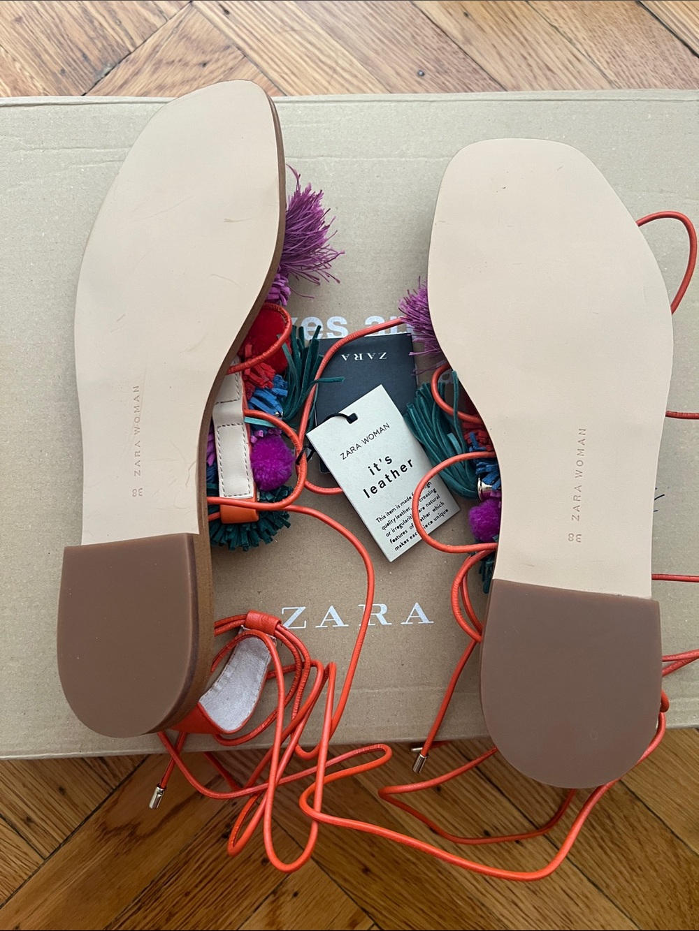 Zara Woman Colorful Pom Pom Leather Lace-Up Sandals, Size 7.5/ 38 - Picture 3 of 3